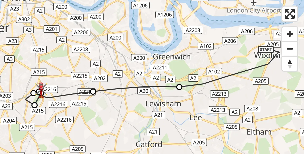 Flight path map showing Air Ambulance Helicopter route from Royal Borough of Greenwich to Kings College London Hospital