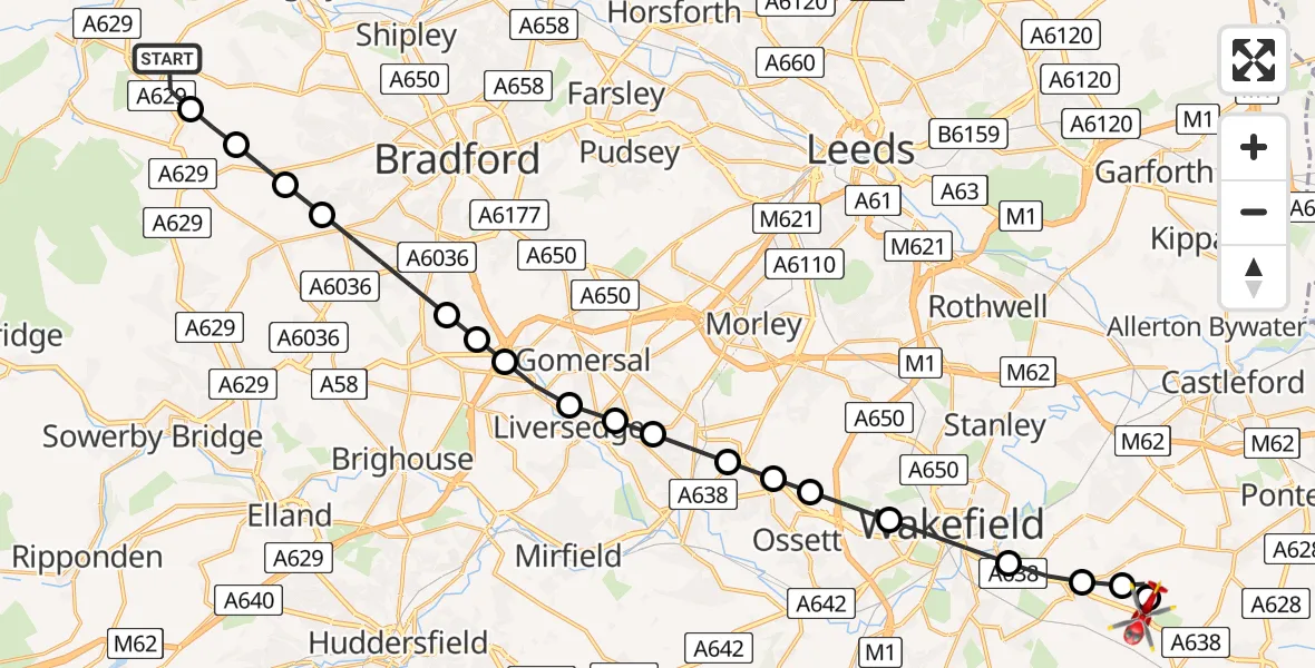 Flight path map showing Air Ambulance Helicopter route from Cullingworth to YAA Nostell Helicopter Port