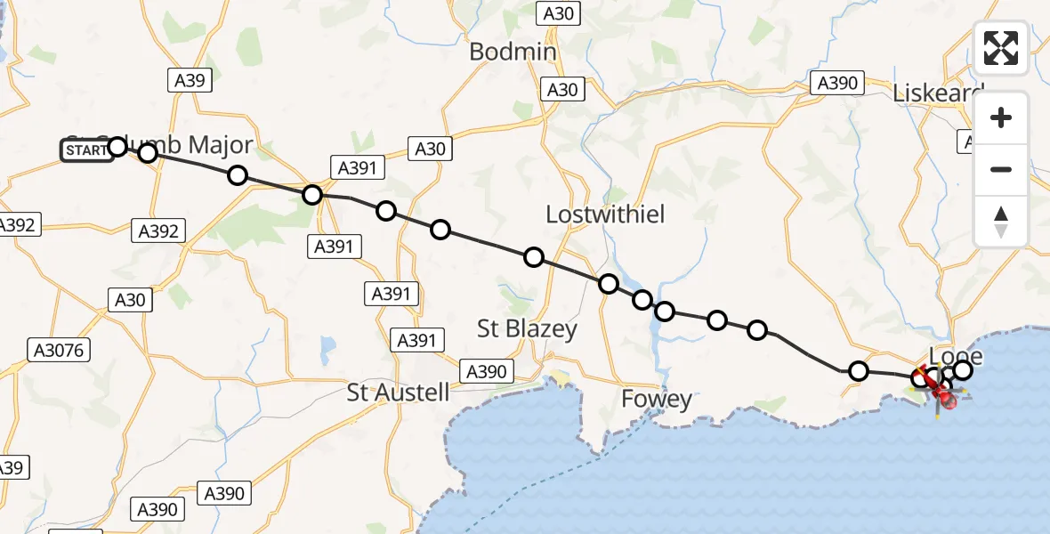Flight path map showing Air Ambulance Helicopter route from Cornwall Airport Newquay to West Looe