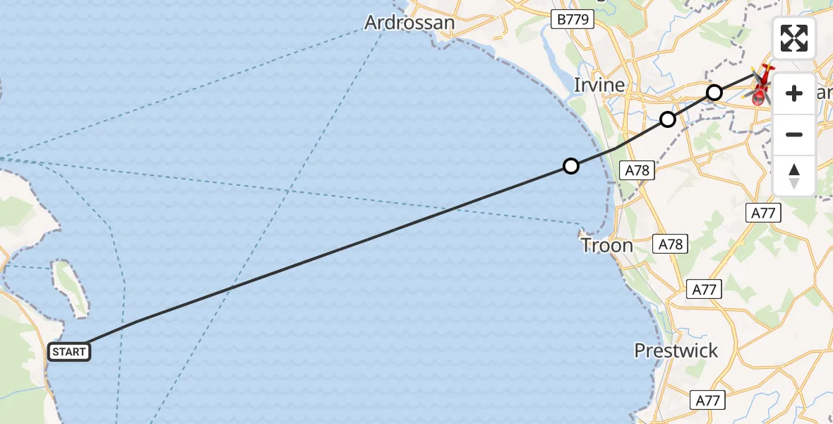 Flight path map showing Air Ambulance Helicopter route from Inner Seas to Crosshouse University Hospital