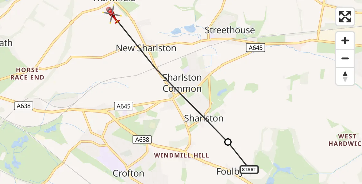 Flight path map showing Air Ambulance Helicopter route from YAA Nostell Helicopter Port to Warmfield