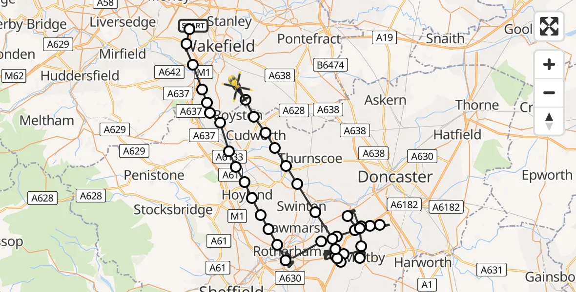 Flight path map showing Police Helicopter route from East Ardsley to Cold Hiendley