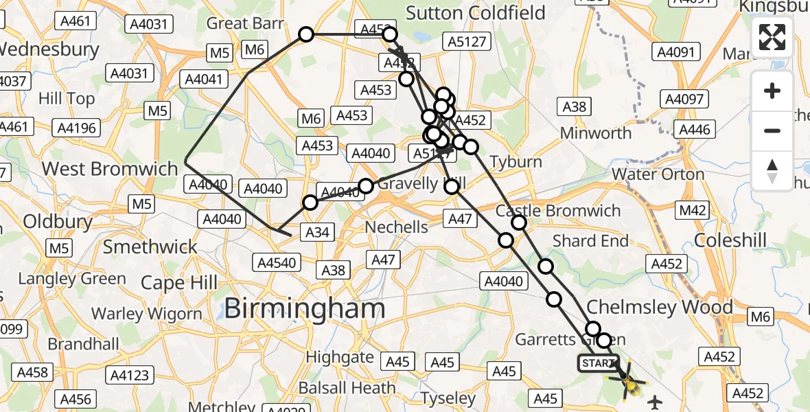 Flight route Police Helicopter Birmingham Airport - Birmingham Airport, 23 March 2026, 11:07
