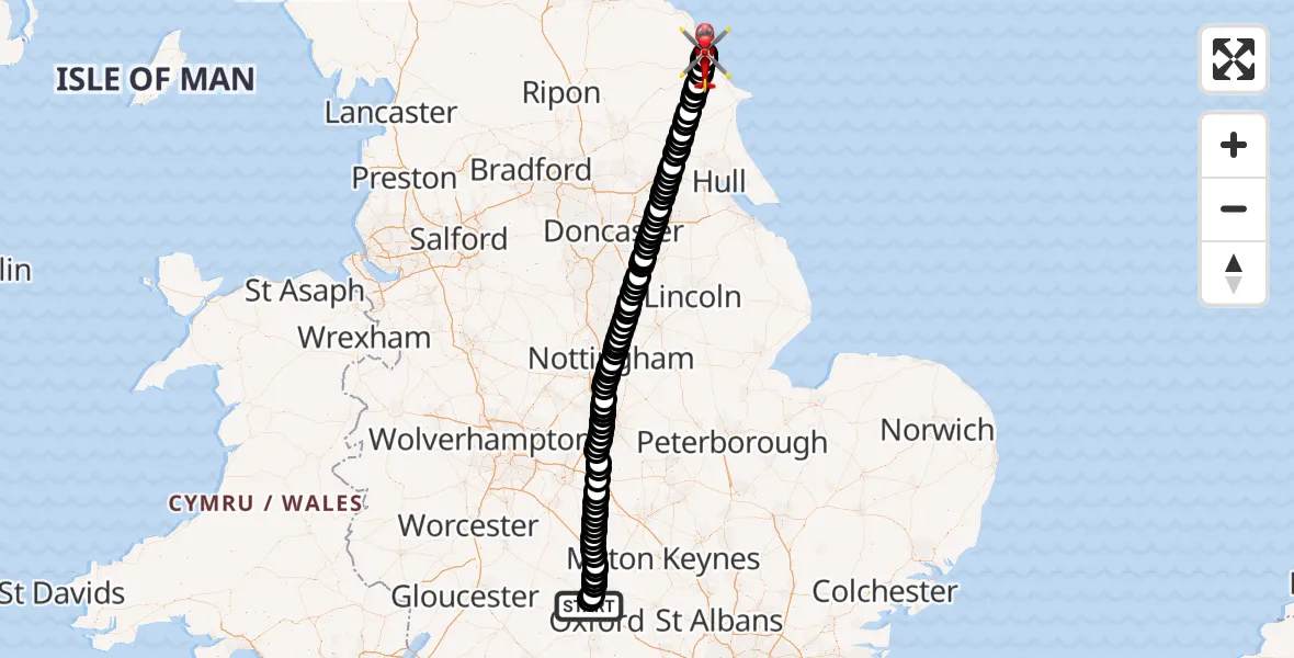 Flight path map showing Air Ambulance Helicopter route from London Oxford Airport to Scarborough