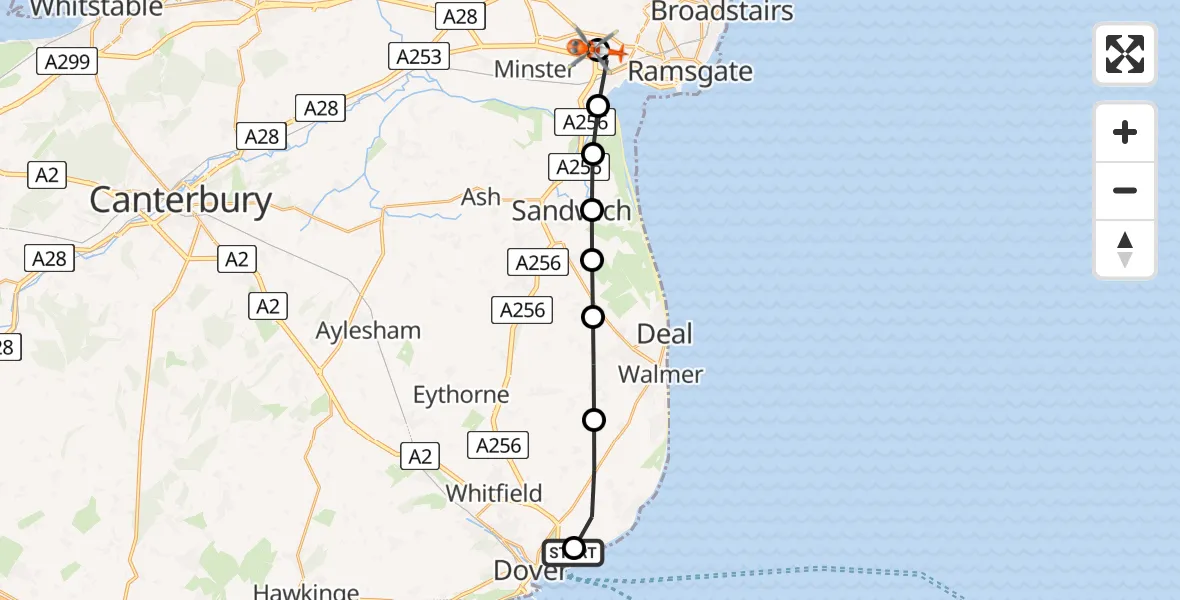 Flight path map showing Coastguard Helicopter route from Langdon Battery Heliport to Manston Airport