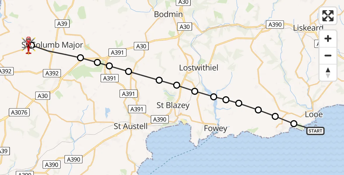 Routekaart van de vlucht: Air Ambulance Helicopter to Cornwall Airport Newquay