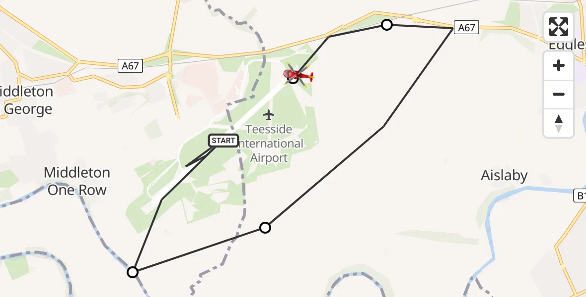 Flight path map showing Air Ambulance Helicopter route from Teesside International Airport to Teesside International Airport
