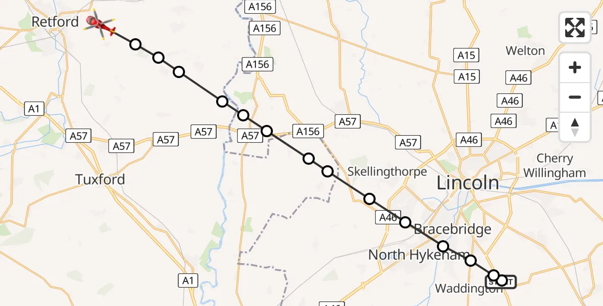 Flight path map showing Air Ambulance Helicopter route from RAF Waddington to Little Gringley