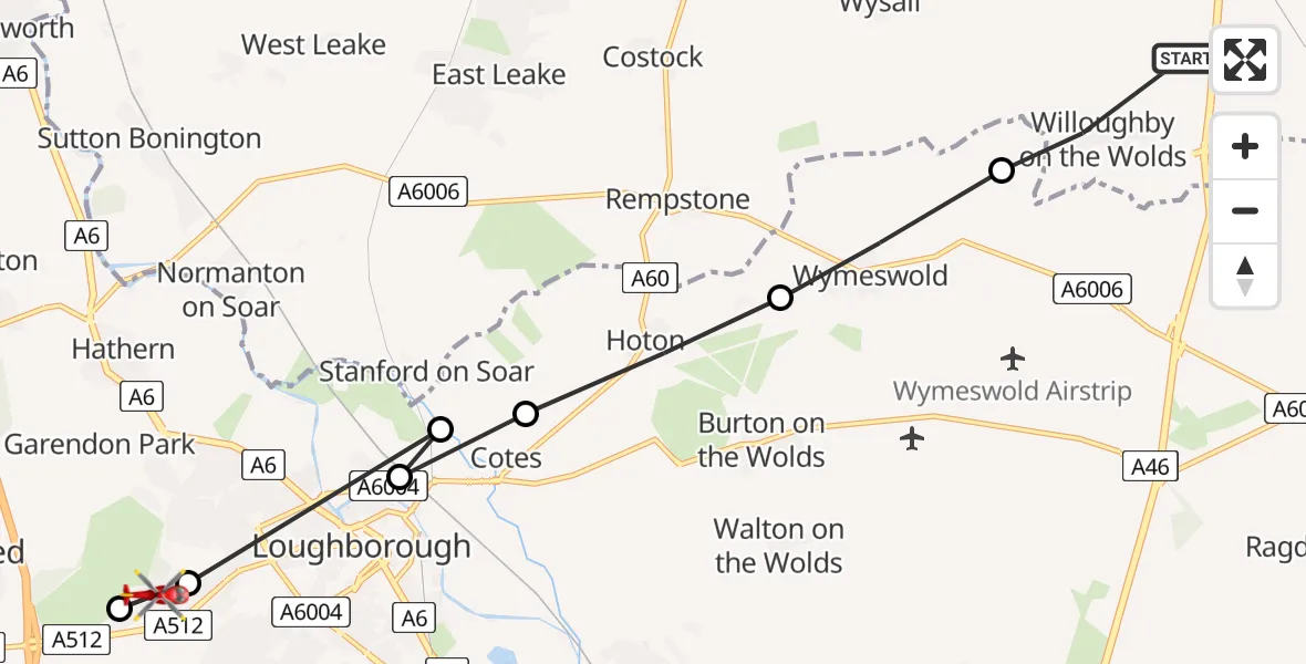 Flight path map showing Air Ambulance Helicopter route from Willoughby on the Wolds to Loughborough
