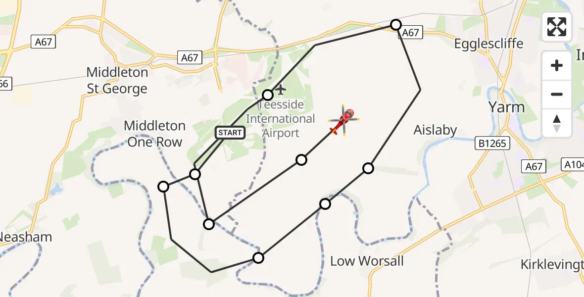 Flight path map showing Air Ambulance Helicopter route from Teesside International Airport to Aislaby