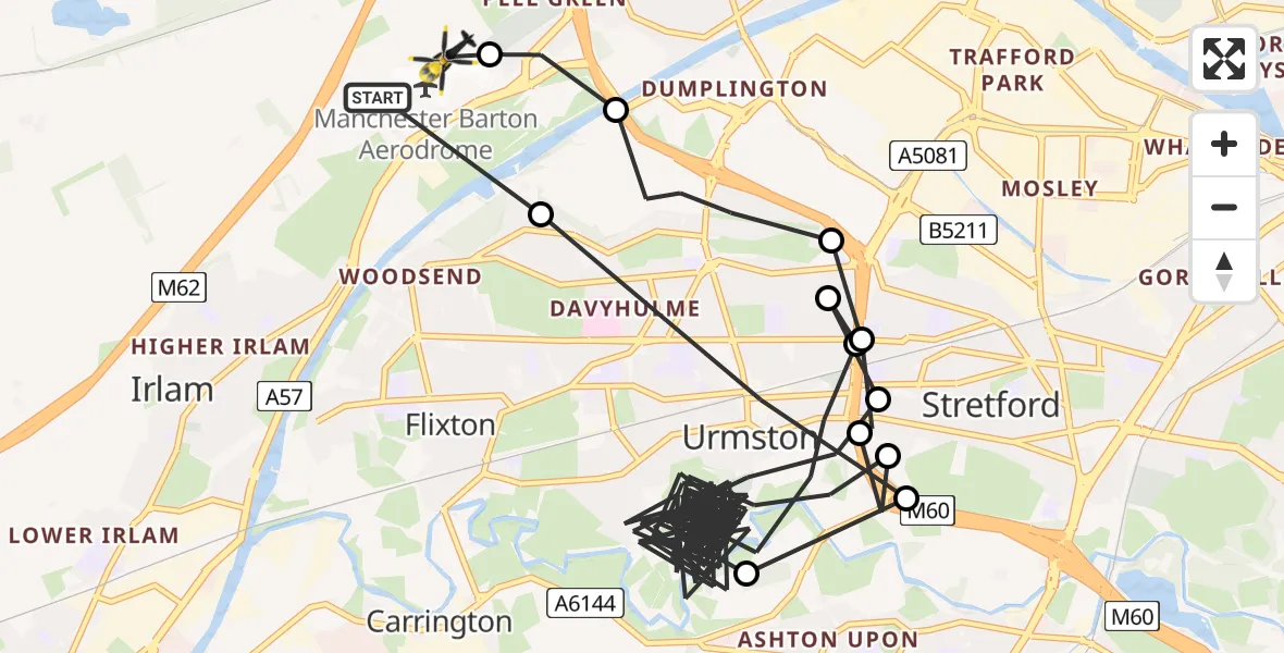 Flight path map showing Police Helicopter route from Manchester Barton Aerodrome to Manchester Barton Aerodrome