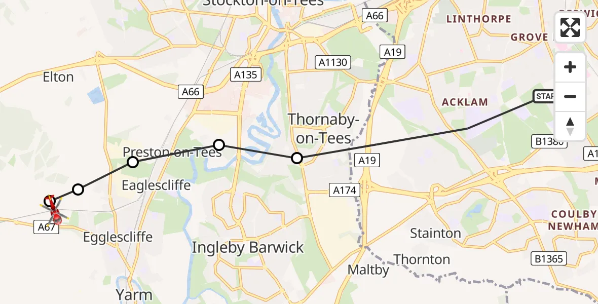 Flight path map showing Air Ambulance Helicopter route from Middlesbrough to Egglescliffe