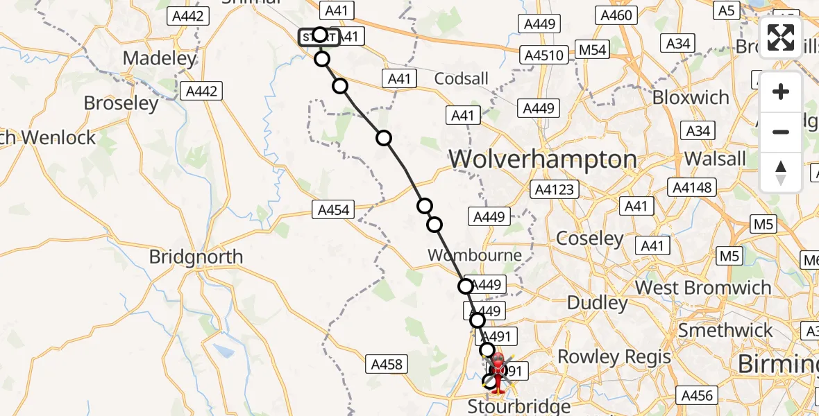 Flight path map showing Air Ambulance Helicopter route from RAF Cosford to Wordsley