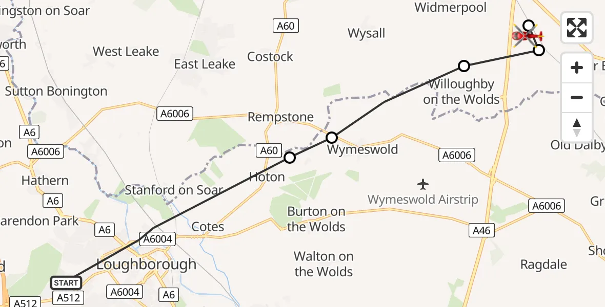 Flight path map showing Air Ambulance Helicopter route from Loughborough to Nottingham Heliport