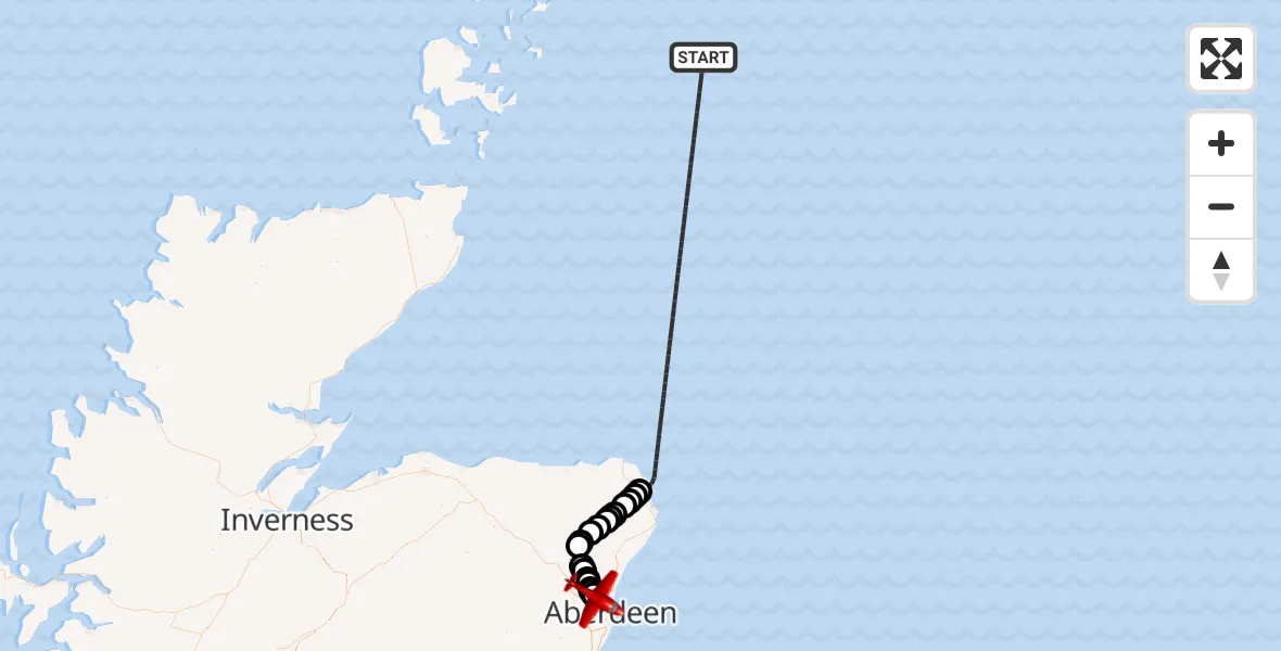 Flight path map showing Air Ambulance Aircraft route from North Sea to Aberdeen International Airport