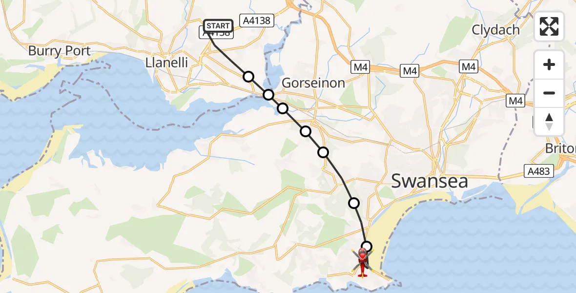 Flight path map showing Air Ambulance Helicopter route from Dafen to Mumbles