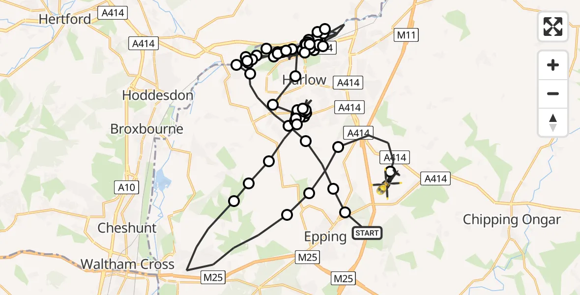 Flight path map showing Police Helicopter route from Coopersale to North Weald Airfield