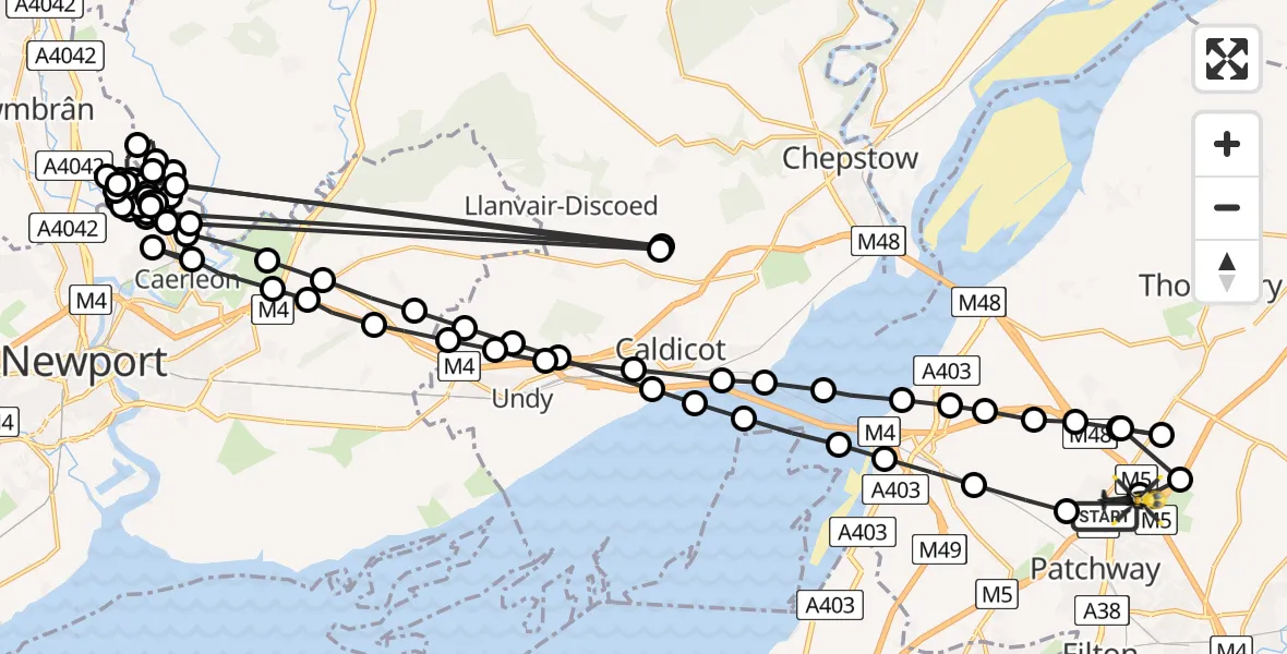 Flight path map showing Police Helicopter route from Almondsbury to Almondsbury Helicopter Base