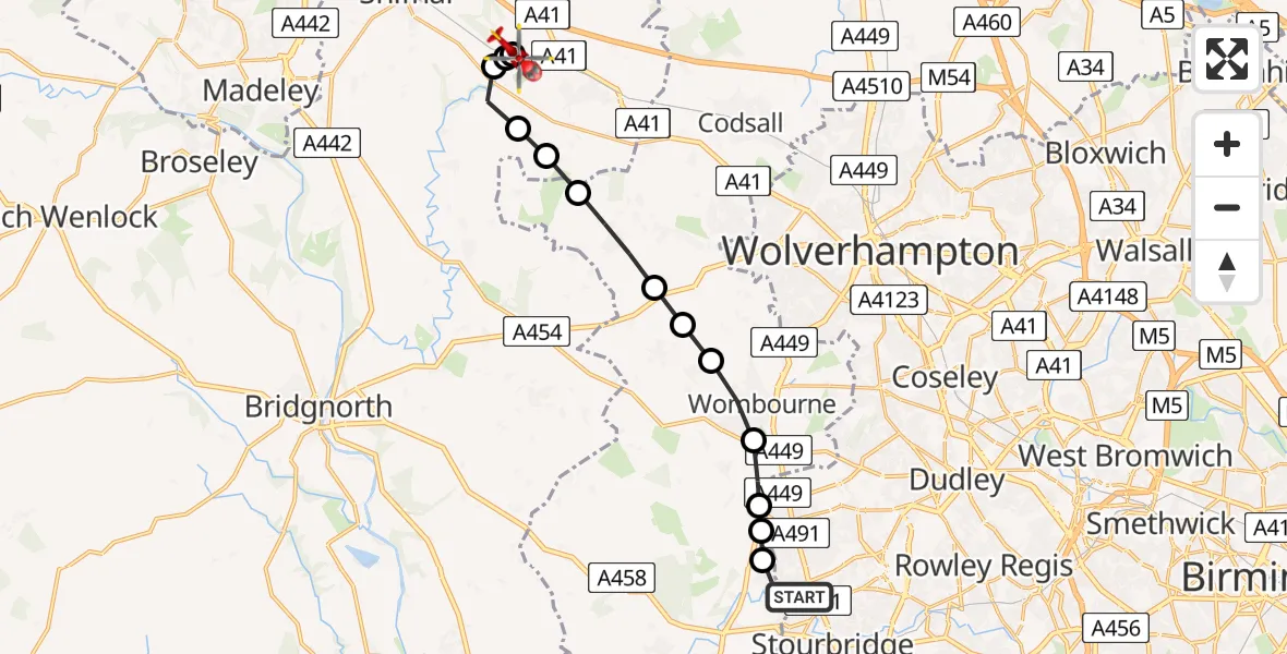 Flight path map showing Air Ambulance Helicopter route from Wordsley to Cosford