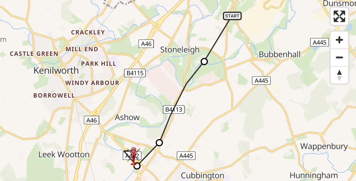 Flight path map showing Air Ambulance Helicopter route from Coventry Airport to Warwick