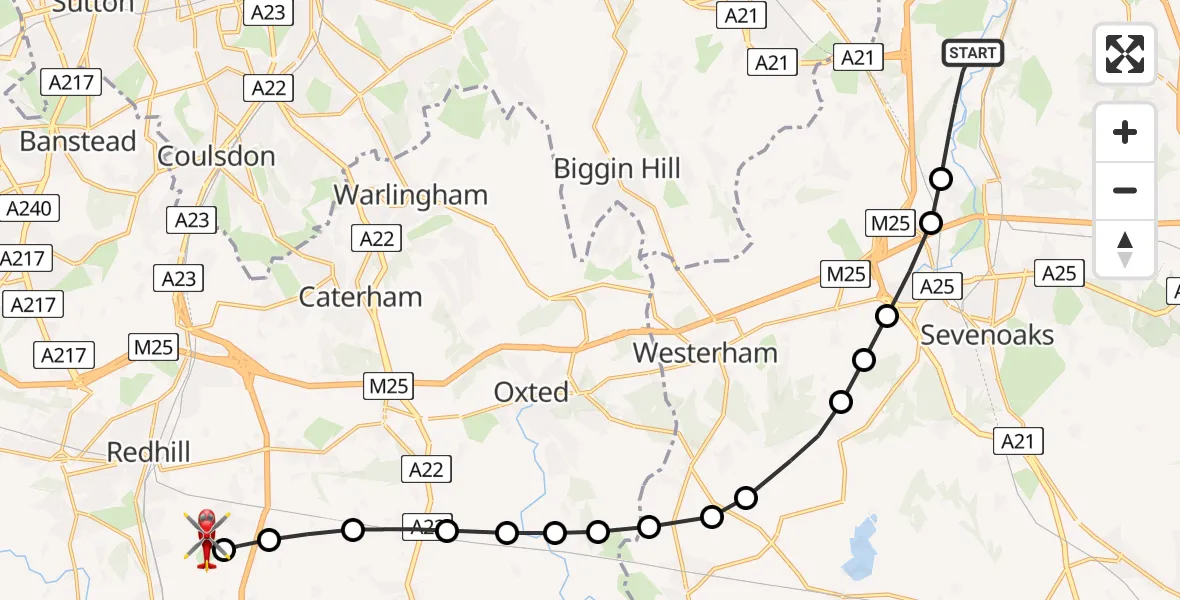 Flight path map showing Air Ambulance Helicopter route from Shoreham to Redhill Aerodrome