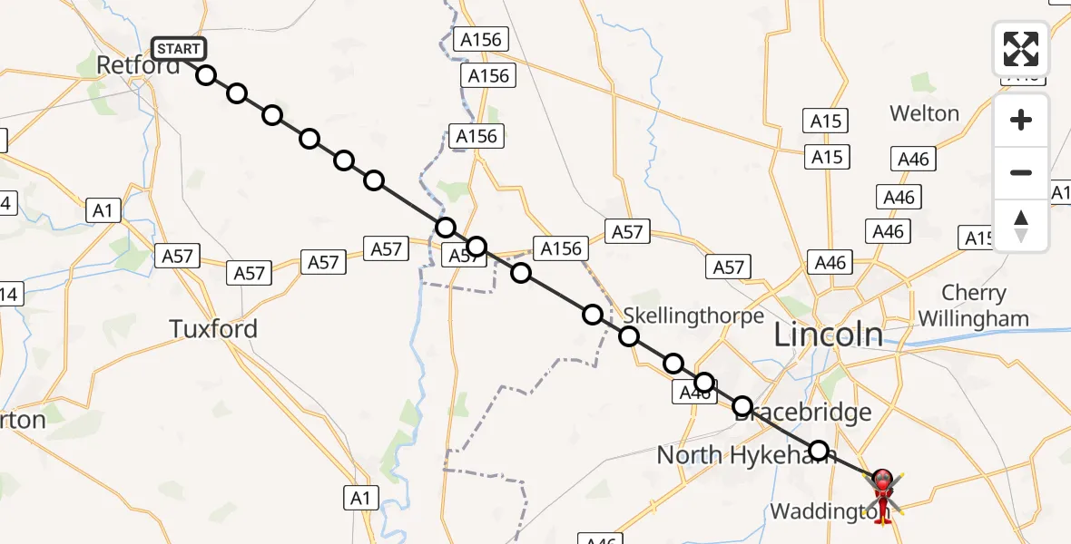 Flight path map showing Air Ambulance Helicopter route from Welham to North Kesteven