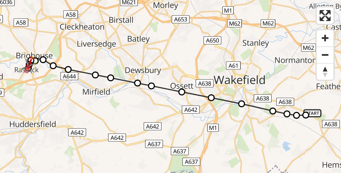 Flight path map showing Air Ambulance Helicopter route from YAA Nostell Helicopter Port to Brighouse