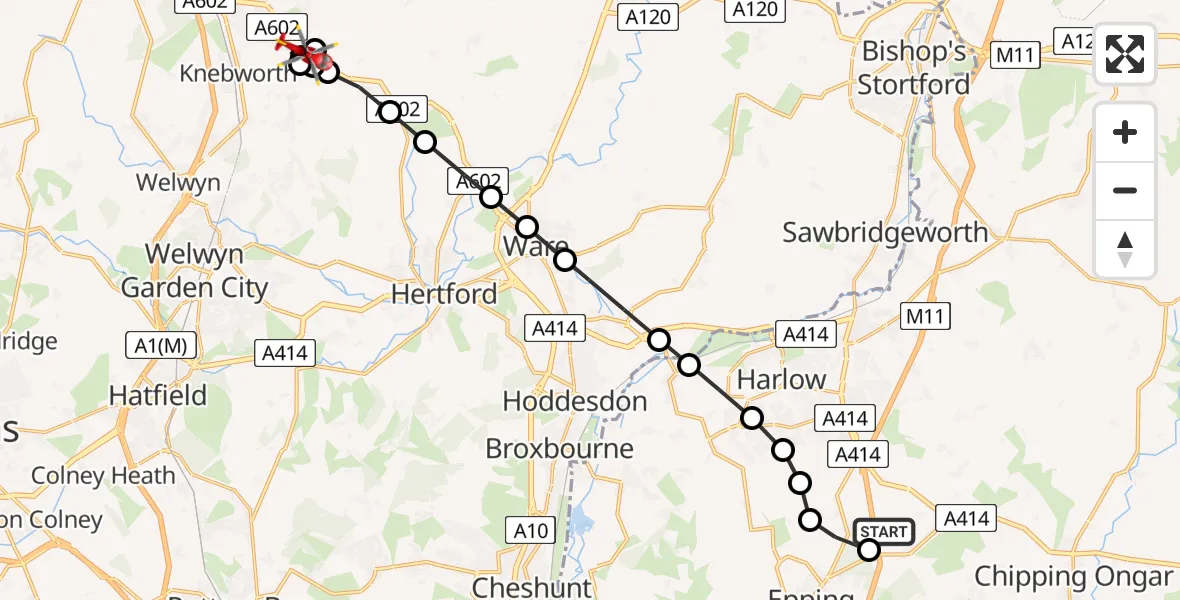 Flight path map showing Air Ambulance Helicopter route from North Weald Airfield to Stevenage