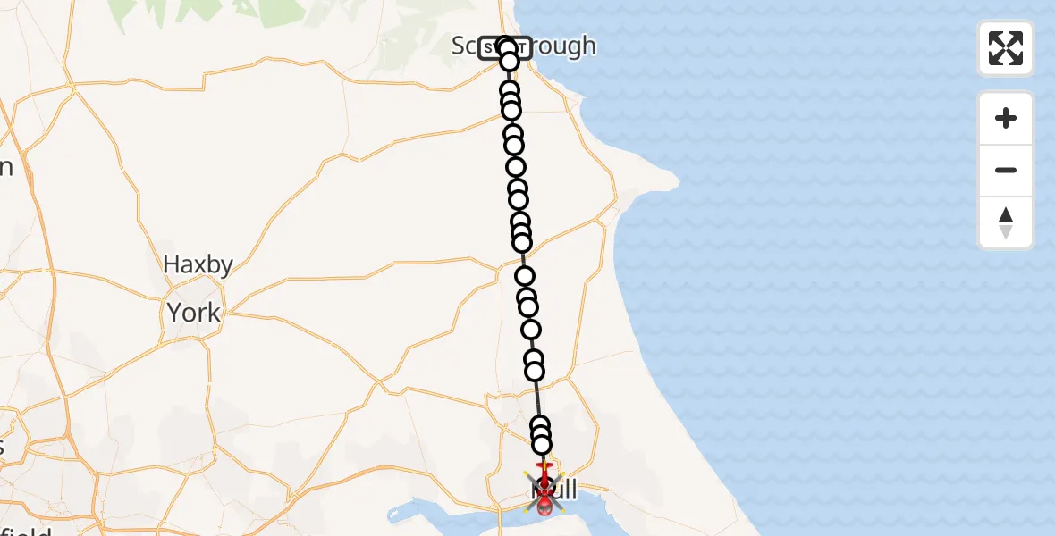 Flight path map showing Air Ambulance Helicopter route from Scarborough to Hull Royal Infirmary
