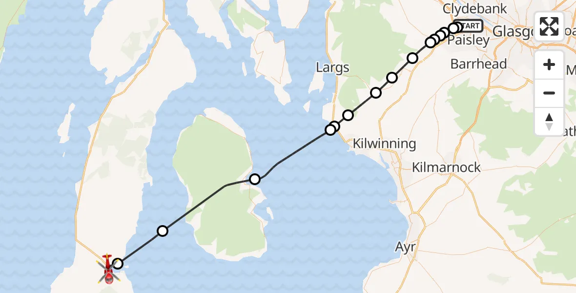 Flight path map showing Air Ambulance Helicopter route from Glasgow Airport to Campbeltown