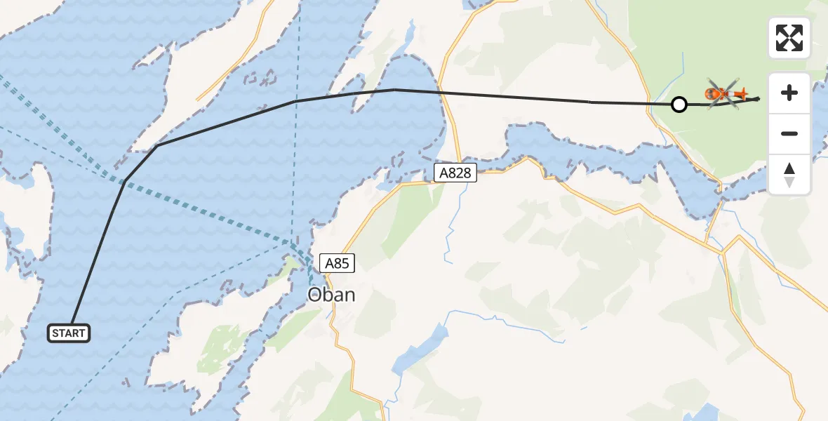 Flight path map showing Coastguard Helicopter route from Inner Seas to Inveresragan