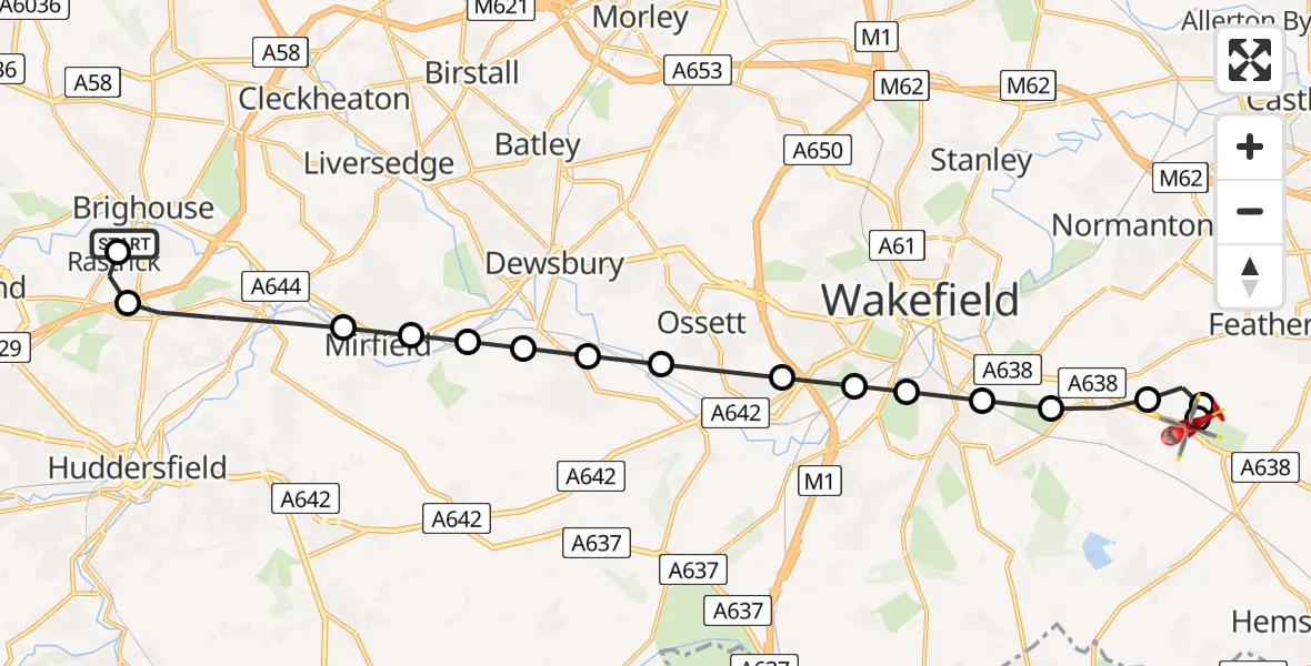 Flight path map showing Air Ambulance Helicopter route from Brighouse to YAA Nostell Helicopter Port