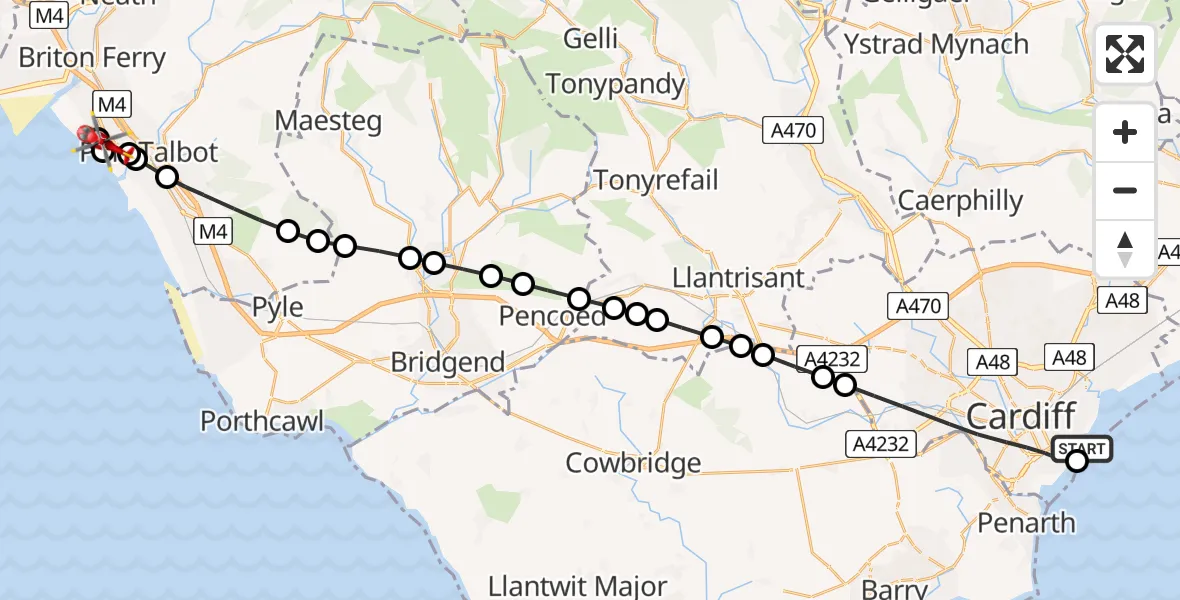 Flight path map showing Air Ambulance Helicopter route from Cardiff Heliport to Sandfields