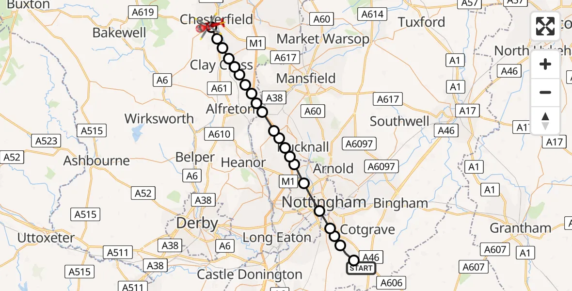 Flight path map showing Air Ambulance Helicopter route from Widmerpool to Birdholme