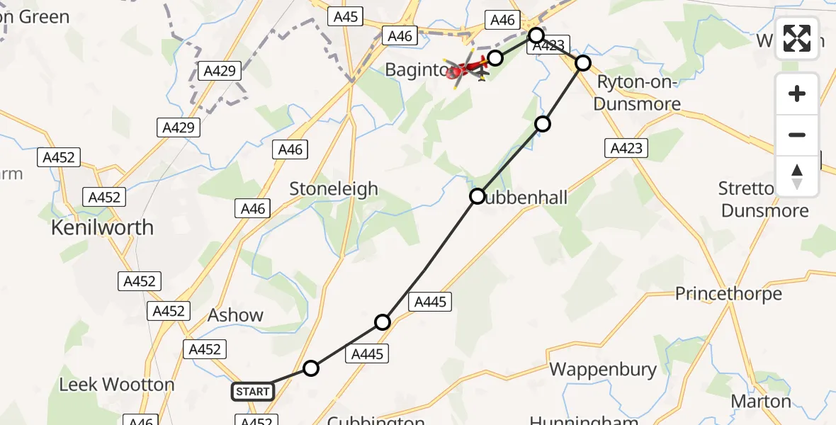 Flight path map showing Air Ambulance Helicopter route from Warwick to Coventry Airport
