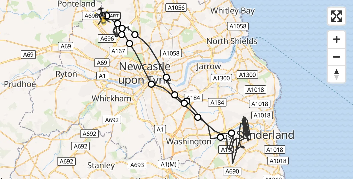 Flight path map showing Police Helicopter route from Newcastle International Airport to Newcastle International Airport