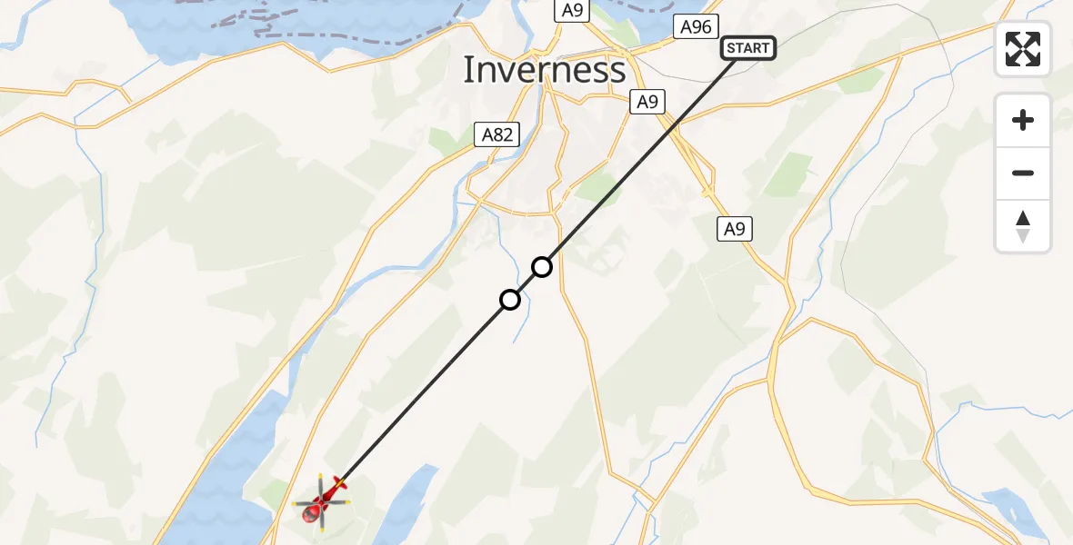 Flight path map showing Air Ambulance Helicopter route from Inverness to Dores