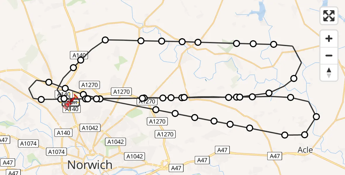Flight path map showing Air Ambulance Helicopter route from Norwich Airport to Norwich Airport
