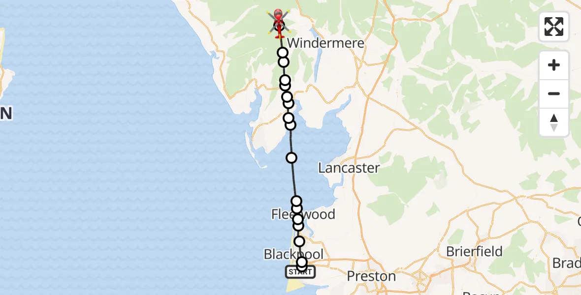 Flight path map showing Air Ambulance Helicopter route from Blackpool Airport to Lakes