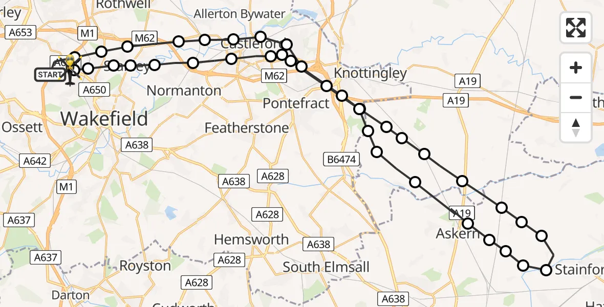 Routekaart van de vlucht: Police Helicopter to Wrenthorpe, A650