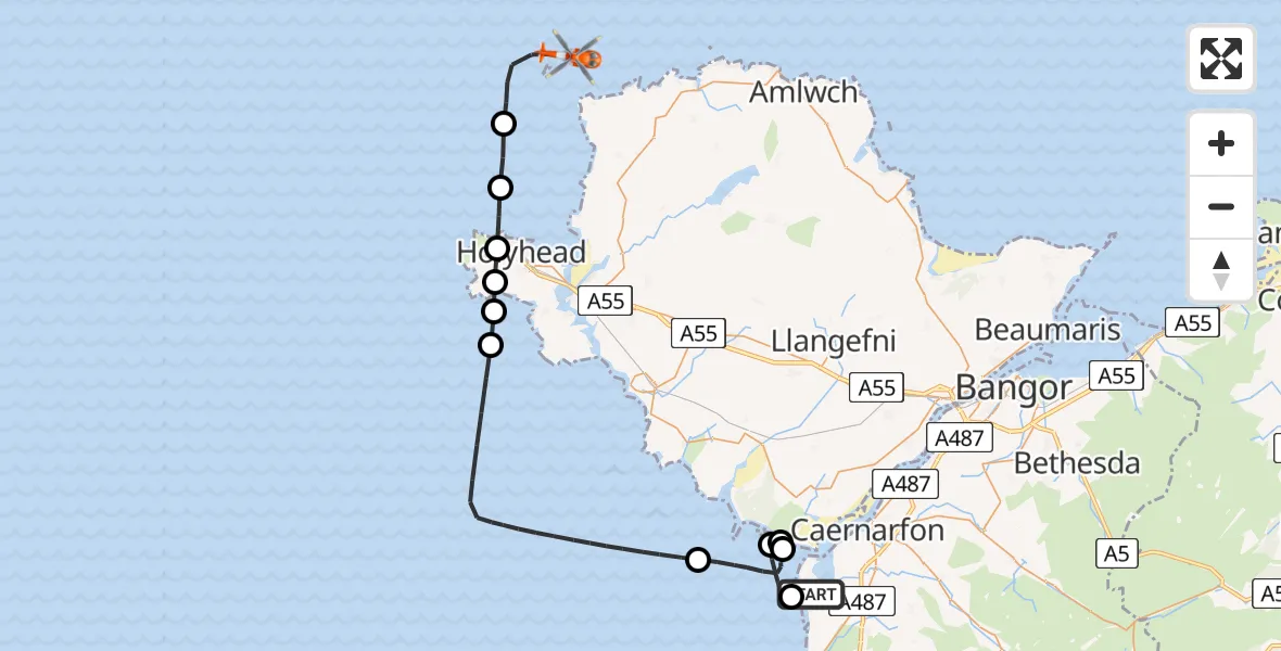 Flight path map showing Coastguard Helicopter route from Caernarfon Airport to Irish Sea