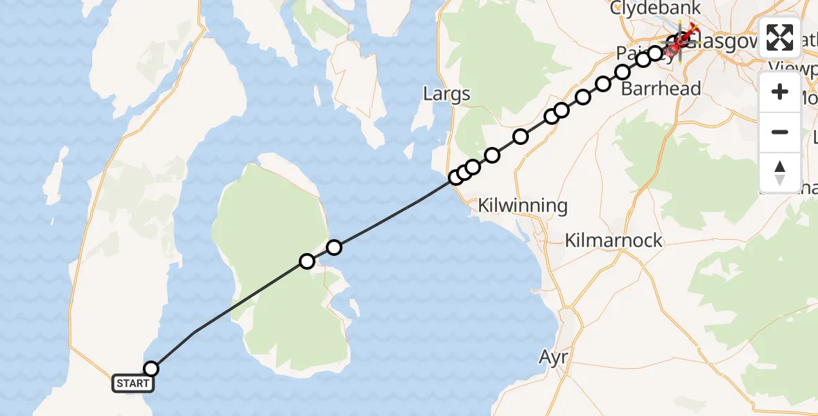 Flight path map showing Air Ambulance Helicopter route from Campbeltown to Queen Elizabeth Hospital