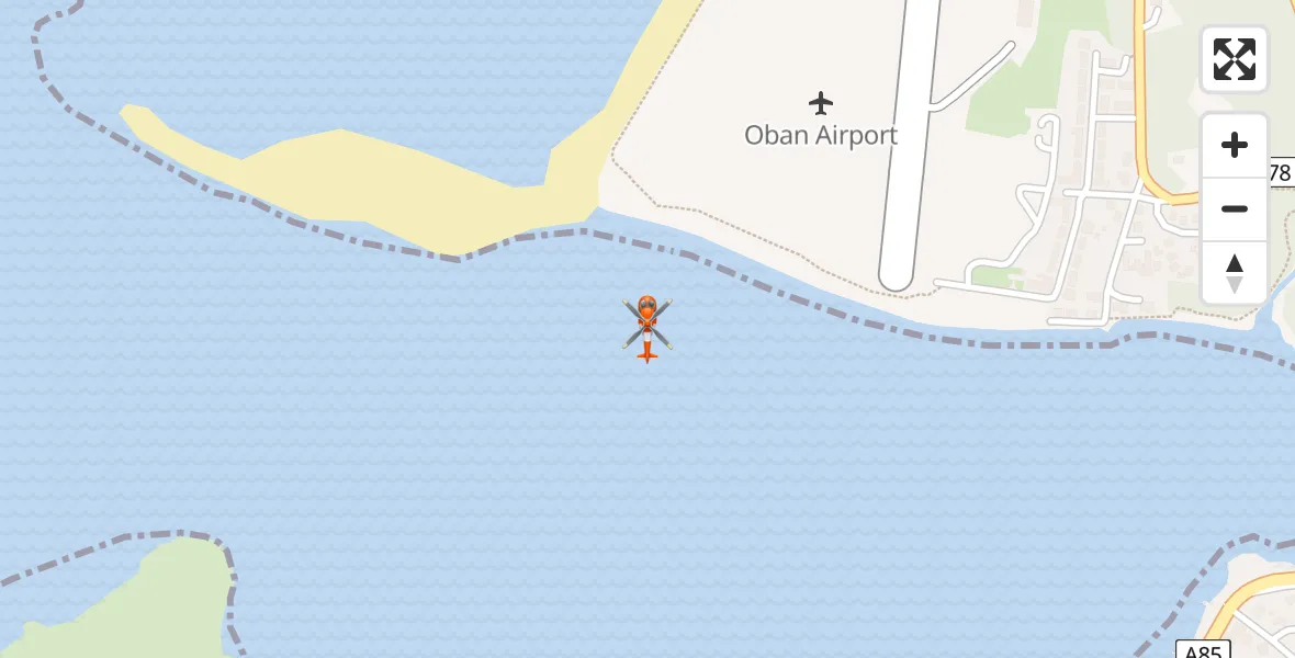 Flight path map showing Coastguard Helicopter route from Oban Airport to Oban Airport