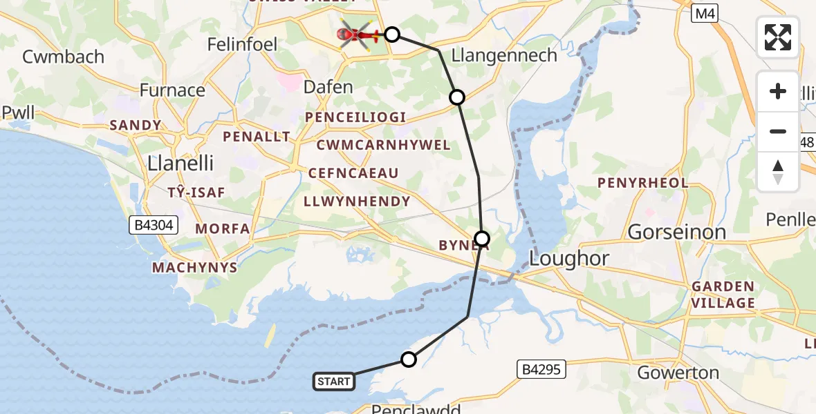 Flight path map showing Air Ambulance Helicopter route from Crofty to Dafen