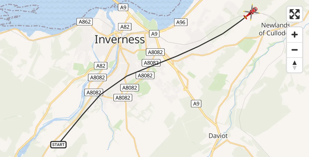 Flight path map showing Air Ambulance Helicopter route from Inverness to Newlands of Culloden