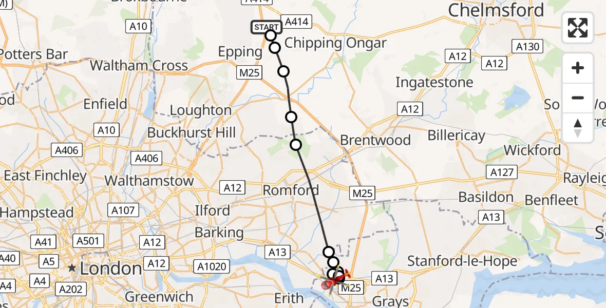 Flight path map showing Air Ambulance Helicopter route from North Weald Airfield to Aveley