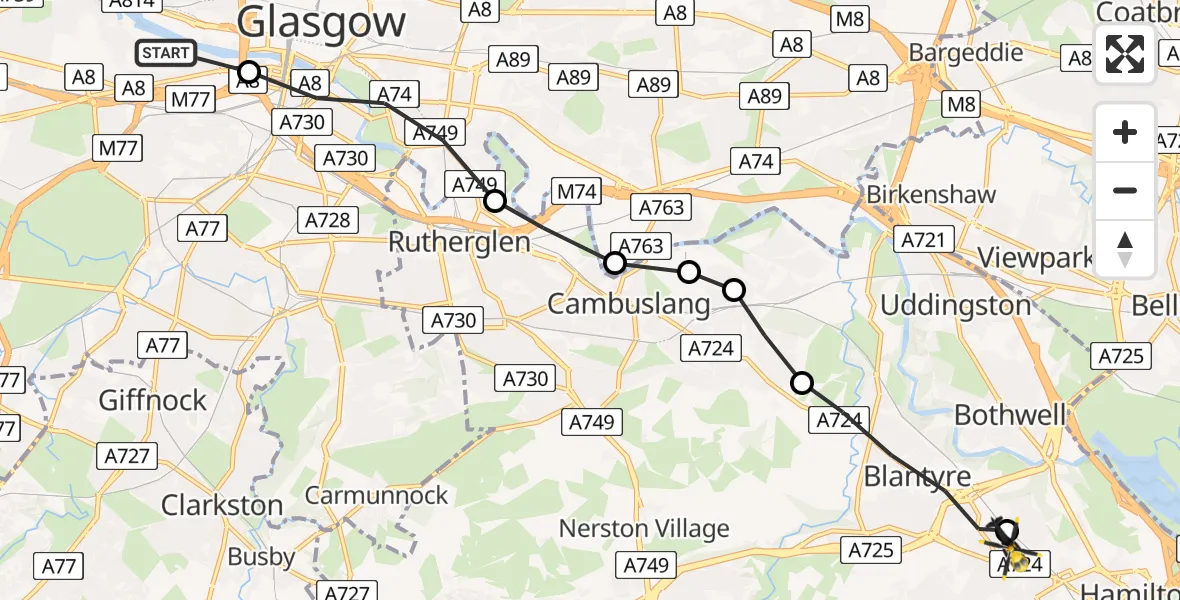 Flight path map showing Police Helicopter route from Glasgow Seaplane Terminal to Bothwell