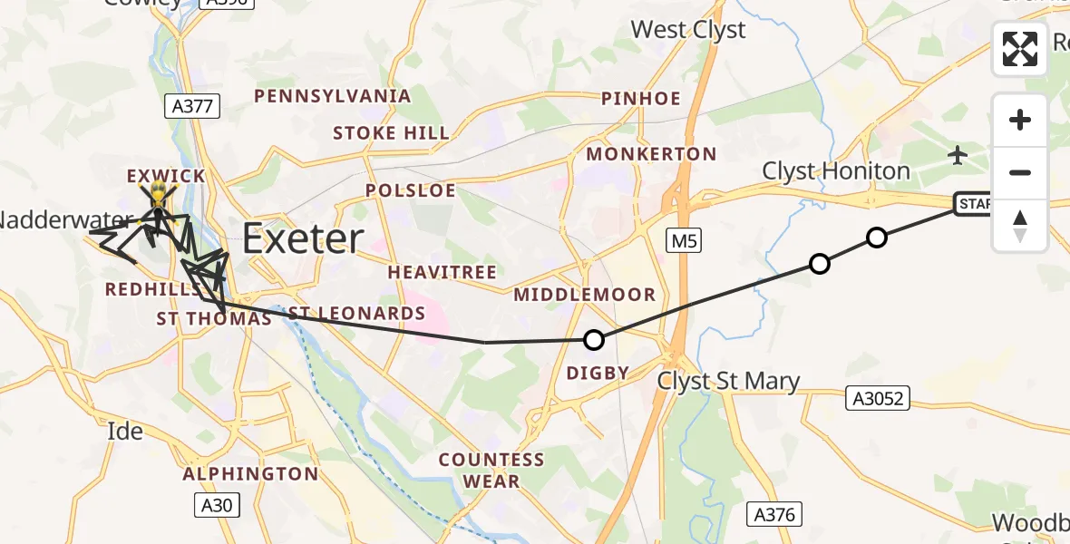 Flight path map showing Police Helicopter route from Exeter International Airport to Exeter