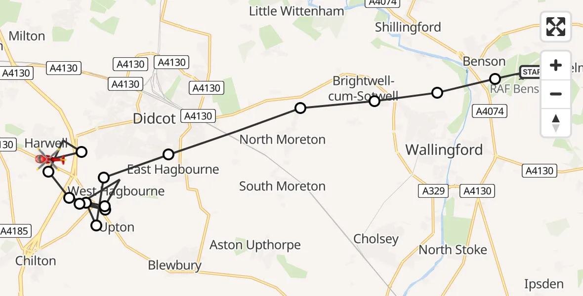 Flight path map showing Air Ambulance Helicopter route from RAF Benson to Harwell
