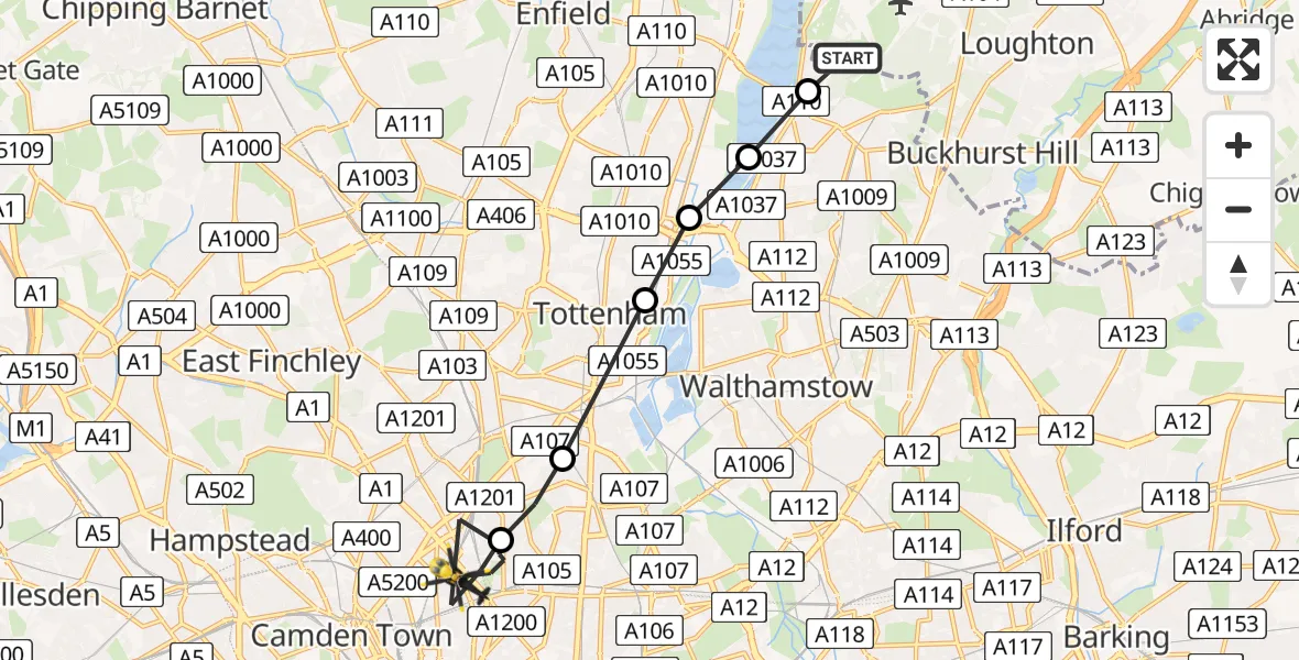 Flight path map showing Police Helicopter route from Greater London to London Borough of Islington